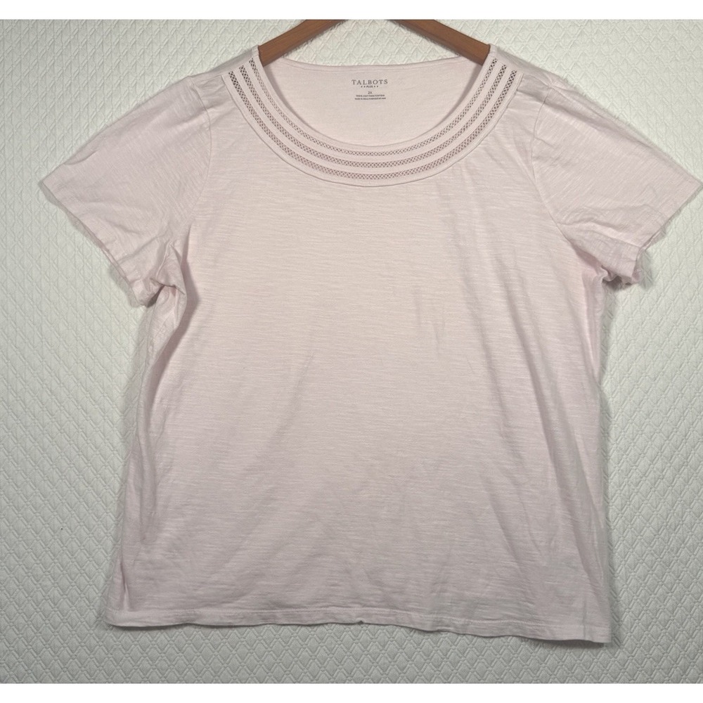 Talbots Plus 2X Pink Crochet Trim Boat Neck Short Sleeve Tee‎ Shirt Popover Top